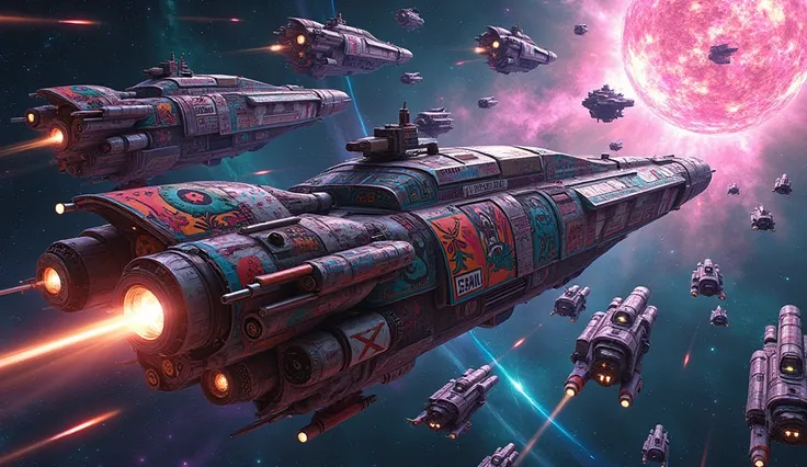 "An epic, chaotic intergalactic battle where human ships, decorated with neon lights and holographic dancing figures, perform an unpredictable and wild dance through space. The human fleet is a bizarre mix of retrofitted old ships, each with vibrant, comic...