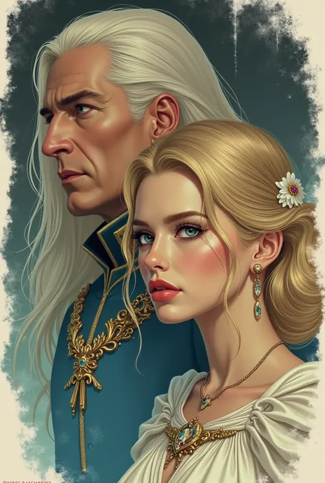 Wattpad Cover Dedicated to Novel by Impossibly Beautiful Young Femme Fatale, Incredibly beautiful blonde, Princess of Venus and General of the Earth Army, At all, Beautiful, stately, masculine mature man with long straight platinum hair. anime style.