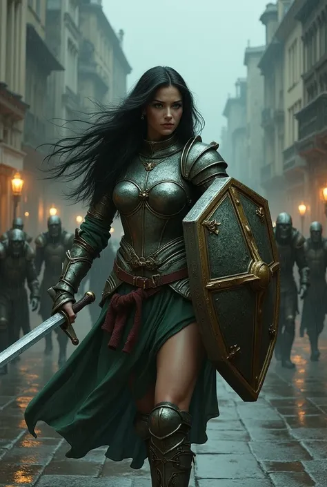  fair-skinned woman with long black hair and green eyes , wearing medieval armor and fighting the trolls and killing them on the street of a medieval city on a rainy night,Killing trolls