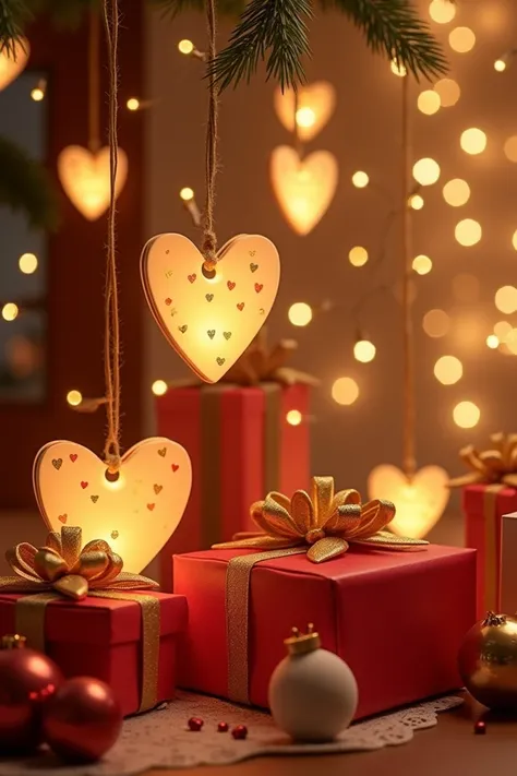 decorations:
	 • Hearts made of wood , paper or hanging lights .
	 • Banks with inspirational messages such as “Giving Without Waiting” or “What You Share,  grows .”
 • Gifts wrapped in red and gold ,  placed around the tree ,  so that attendees can exchan...