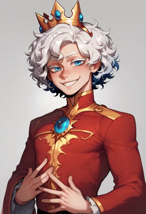  A single slender boy ,   boy looking at the spectator from the front of white skin, pelo lacio corto,  delicate body ,  wearing a red suit , smiling cuddly ,  white hair , Ojos rojos,  white eyelashes, blue eyes, little, wearing a princes crown