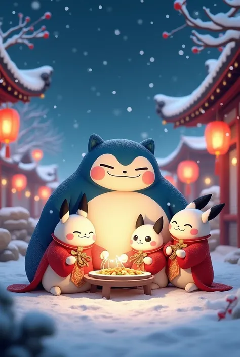 Snorlax celebrate Chinese spring festival with his family in a snow night 