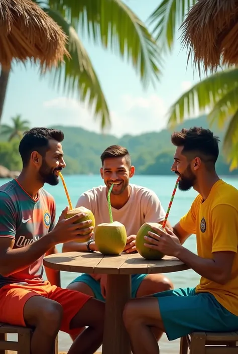 Indian cricketer Virat kohli portugal footballer cristiano ronaldo and argentina footballer messi drinking coconut water in kerala