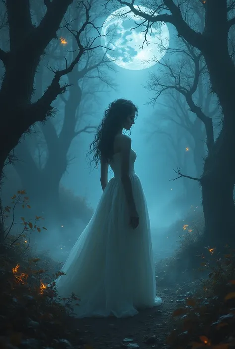 "In the heart of a fog-laden forest, where the moonlight struggles to pierce through the dense canopy, a ghostly figure emerges—a bride forever trapped between worlds. Her tattered wedding gown, once a symbol of joy, now hangs in shreds, stained with the r...