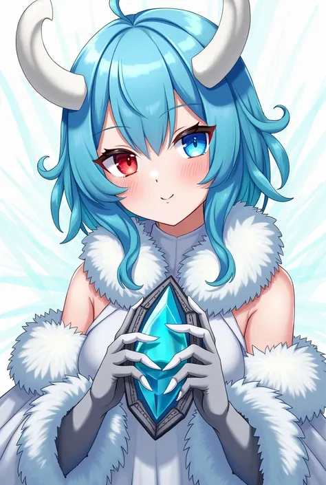 A , She has sky blue hair, her left eye is blood red, her right eye is sky blue, she has horns and the drawing lines are turquoise and the horns themselves are white, Indigo blue. She is wearing an outfit, there is white fluffy on the Neck/Wrist/Bottom of ...