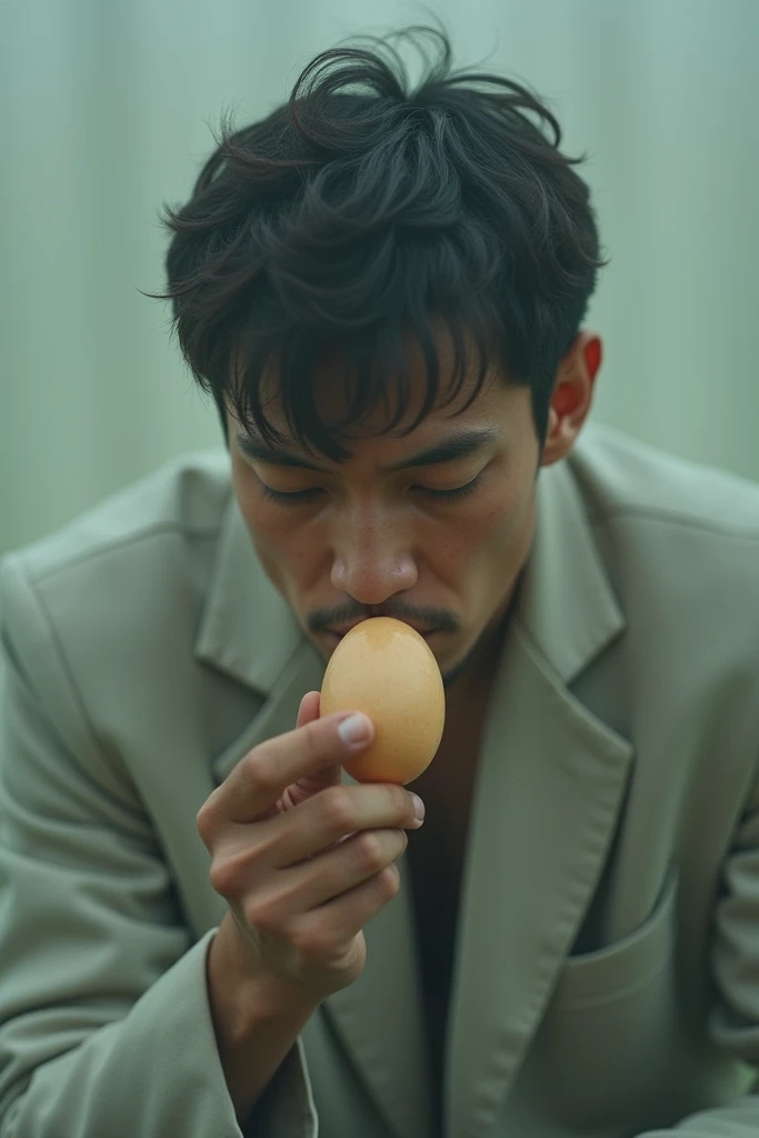 A man sucking on an egg