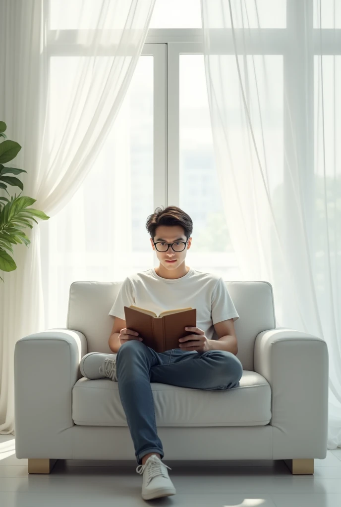 The handsome young man, wearing glasses, was reading on a white sofa, set against a large glass window with a white curtain. 