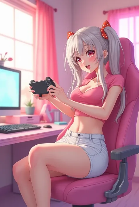 Young and attractive girl, with a cute appearance and a curvy body, Pale skin and light hair,wearing a tight pink top and very short white pants, sitting on a pink gamer chair in a pink decorated room,Playing a video game,In a position that allows to see h...