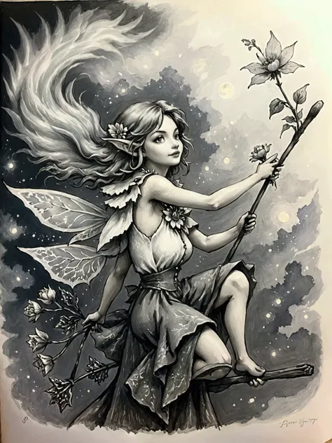 drawing of a fairy on a broom with a flower in her hand, inspired by Tony DiTerlizzi, detailed penciling, inspired by Brian and Wendy Froud, inspired by Alfred Kubin, fantasy drawing, inspired by Brian Froud, inspired by Gustave Doré, the moonlit dance of ...