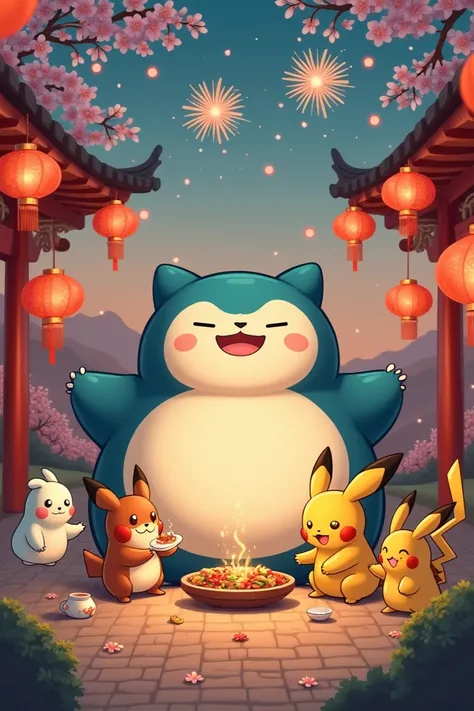 snorlax from Pokémon celebrating Chinese spring festival with fireworks and family 