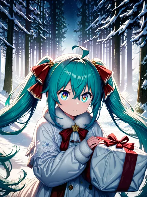 

A high-resolution 8K Christmas illustration featuring a young girl dressed as Santa Claus walking through a snowy forest.,She is carrying a large sack of presents, her red and white outfit glowing warmly against the cold, silvery snow, The moonlight filt...