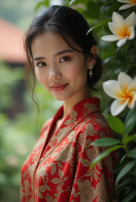 photorealistic of A Malay woman who is captivating with traditional beauty, wearing an elegant modern kebaya adorned with intricate batik or floral patterns of a tudung. Her features are soft yet attractive, with expressive almond-shaped eyes, a calm smile...