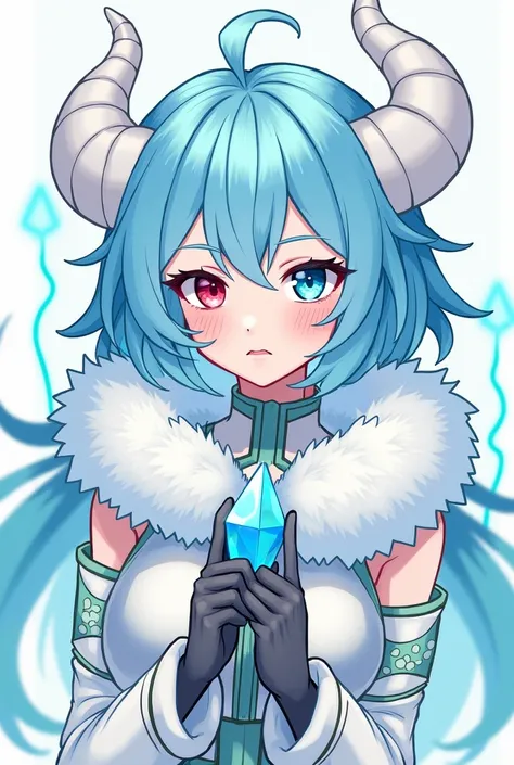  A , She has sky blue hair, her left eye is blood red, her right eye is sky blue, she has horns and the drawing lines are turquoise and the horns themselves are white, Indigo blue. She is wearing an outfit, there is white fluffy on the Neck/Wrist/Bottom of...