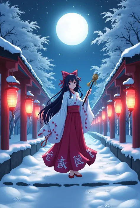 (score_9, score_8_up, score_7_up), source_anime, absurd_res, white, blue, black, An anime-style illustration featuring Reimu Hakurei from the Touhou Project series, A breathtaking winter night scene featuring a stunning shrine pathway covered in snow, line...