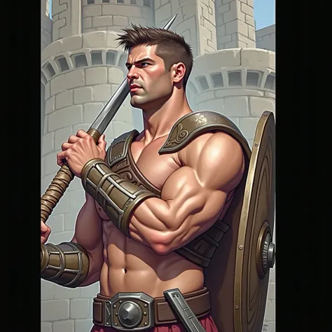  Create me with a spear in hand , a shield in hand , a sword at his waist,  a Spartan outfit ,  in a medieval city-style setting