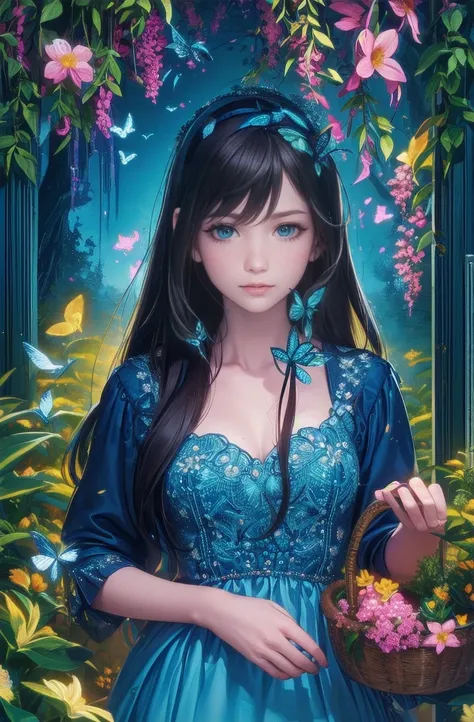 girl in a  colorful  Field of flower, wearing a flowing  dress, holding a basket of wildflower, with sunlight streaming through the tree々 in the background, surrounded by  butterfly  and bird, in a Dreamy and  vibrant  painting style, with a warm and Cheer...