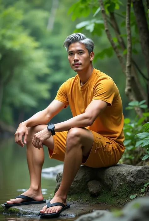 long distance photoshoot, a 25 years old handsome asian man relax sitting on a big rock grassy surface outdoors. Muscular body. The man had silver hair neatly styled to the side, wore a casual mustard-colored long shirt, mustard-colored shorts and flip-flo...