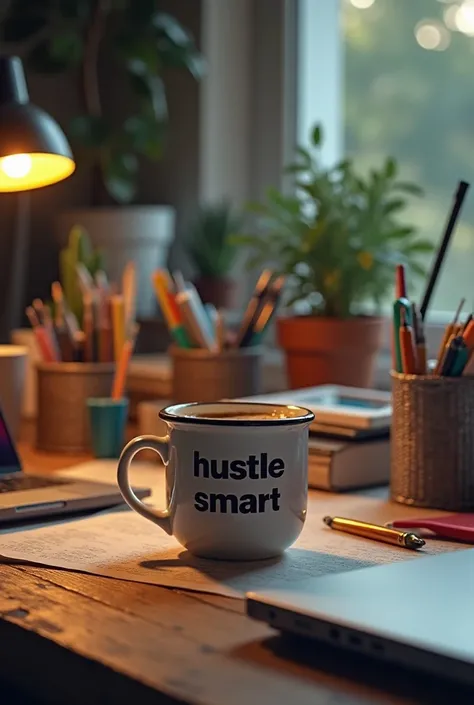 "A creative workspace with tools and gadgets symbolizing productivity, a coffee cup with Hustle Smart text, vibrant details, and a modern aesthetic that inspires action and focus." Image dimensions 9:16