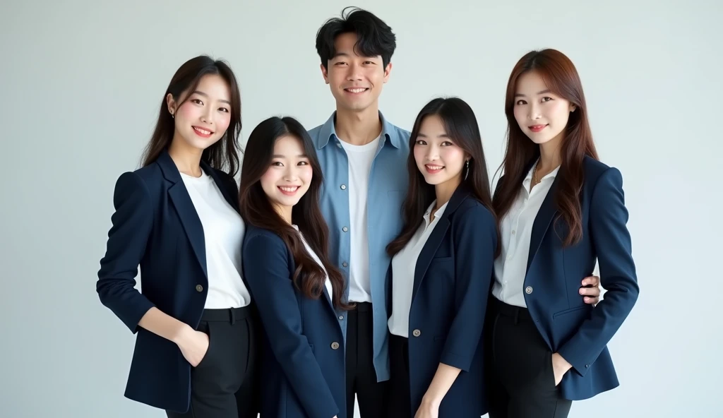 Three beautiful face Korean girls wearing dark blue blazers and white shirts and black trousers are standing together with a Korean cowo handsome face clothes light blue shirt and white shirt and black trousers bear loggo 3d inscription CREATOR FRIENDS AI ...