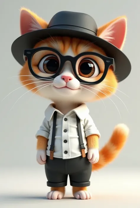  3d animation,   The cat is wearing a white shirt ,8K quality, cat wearing a black hat is wearing black rimmed glasses、 wearing a black hat