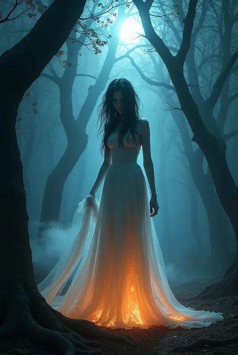 "In the heart of a fog-laden forest, where the moonlight struggles to pierce through the dense canopy, a ghostly figure emerges—a bride forever trapped between worlds. Her tattered wedding gown, once a symbol of joy, now hangs in shreds, stained with the r...