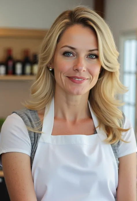 a beautiful detailed woman in her 40s,blonde hair,stunning face,beautiful detailed eyes,beautiful detailed lips,extremely detailed eyes and face,longeyelashes,sexy,long hair,apron,in a kitchen,cooking,5k,8k,highres,masterpiece:1.2,ultra-detailed,realistic,...