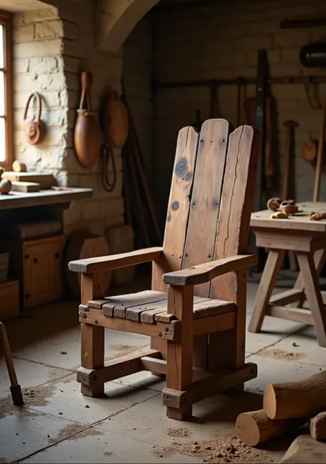 I need to adapt this slightly more rustic solid wood chair and make it look like its in a cellar where they make wooden things, something very simple  