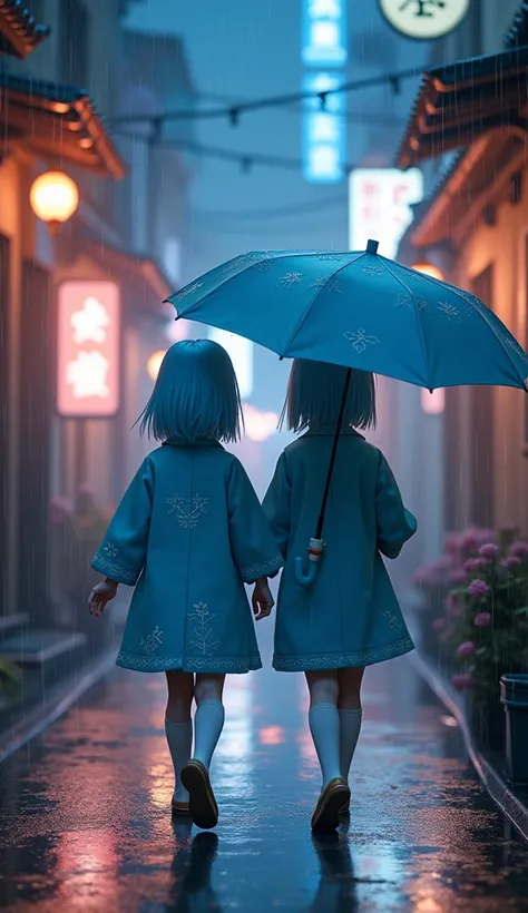  imaginary　rain　night　Building district　Back Alley　 NEON STREET 　 light blue coat 　White embroidery　Light blue umbrella　 cute　 Japanese girls　Light blue short hair　