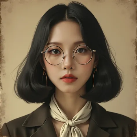 View/Shot: Vintage portrait, tightly cropped to shoulders and head, centered with a poised, confident expression.

Subject: A beautiful Korean woman with straight, jet-black hair neatly parted and falling just past her shoulders. She wears round, vintage w...