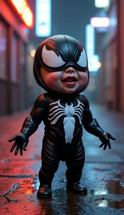 A realistic image of a baby Venom, standing in a dark alley. The baby boy has soft, fair skin with a mischievous smile, wearing a tiny version of Venoms iconic black suit with a white spider emblem across the chest. The suit is shiny and sleek, with smooth...