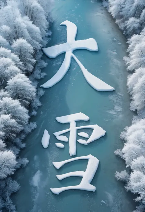 froze river surrounded by snow land, top view, snow, snowing, snowflakes, winter, nature, high detailed, Masterpiece,Top quality, Official Art Aesthetic Aesthetics