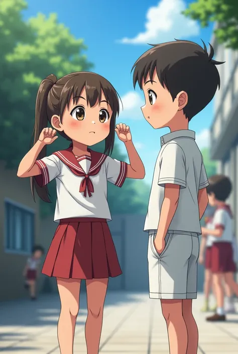 The teacher showed the little foreign school girl wearing her school uniform with her armpits raised (the boy was wearing white shorts and a white shirt 