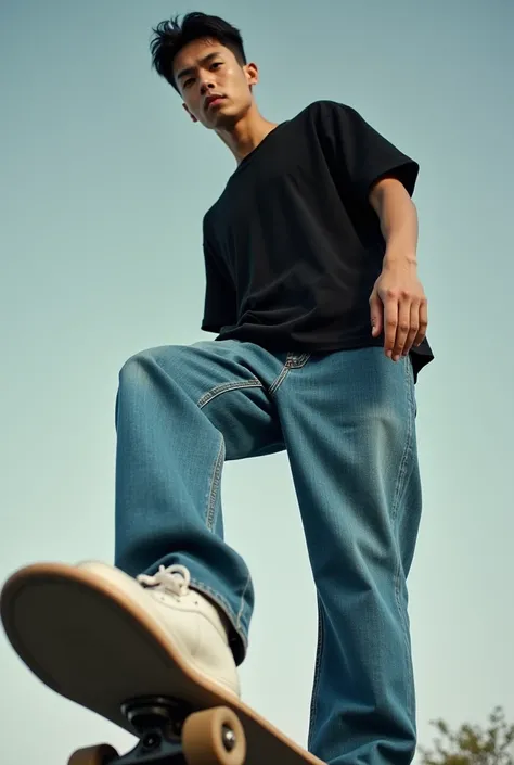 "A Korean handsome and tall man is being photographed with his foot on a skateboard, wearing baggy blue jeans and a black shirt, in a realistic, showing the foot and chest body angle only, showing the bottom angle only, his pov only, showing his chest and ...