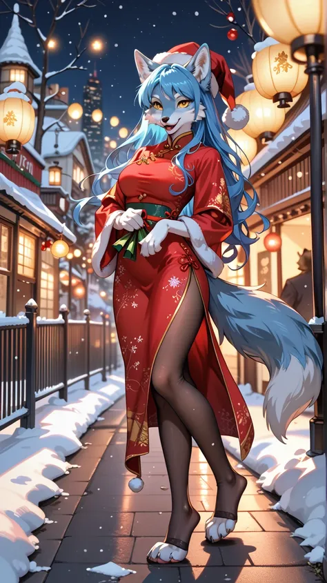 Furry , fox face / wolf ,  Anthropomorphic fluffy fox, blue-blue hair,  animal paws ,  tantalizing paws ,  detailed paw soles ,  happy yellow eyes ,  long hair, long qipao , in tights, winter, Lots of snow on the streets., темная Night,  Santas winter and ...