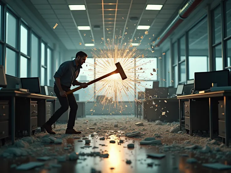 the sledgehammer shatters the office of the workplace, but in terms of first view the 8k ultra image is more realistic there is more shredding effect
