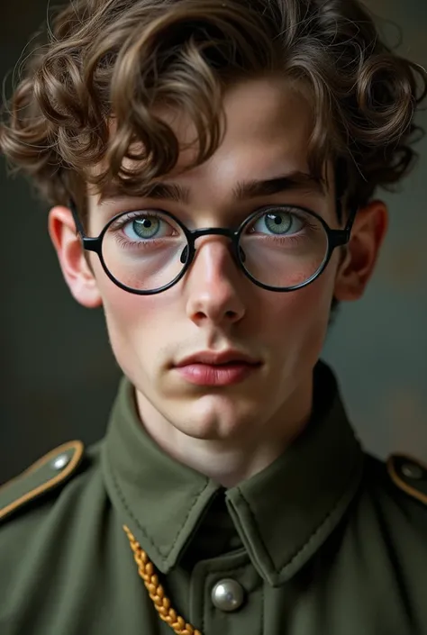 blonde german boy, (17), with blue eyes, freckles, and tired. handsome, ultra realistic, in green german uniform, ww1, portrait. glasses, young, curly brown messy medium short hair, blue eyes,