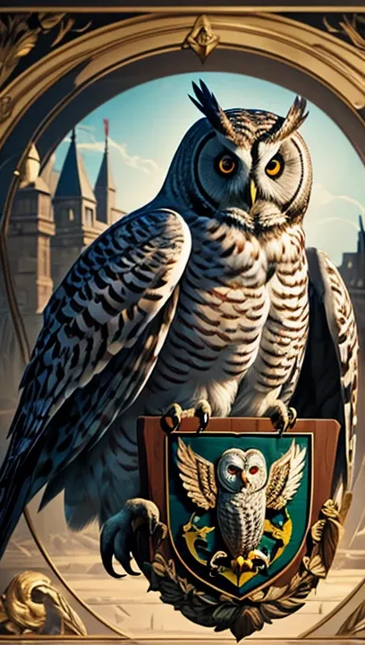 (masterpiece，coat of arms design， digital art， owl under guard， is cool ),  top quality,  high definition