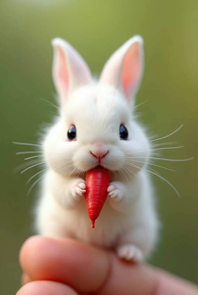 A little bunny is standing on the finger， Little Minzis body is the size of a nail cover ，White furry，It holds a small radish in its mouth。Natural background blurry ， to highlight the cute image of Little Minzi  