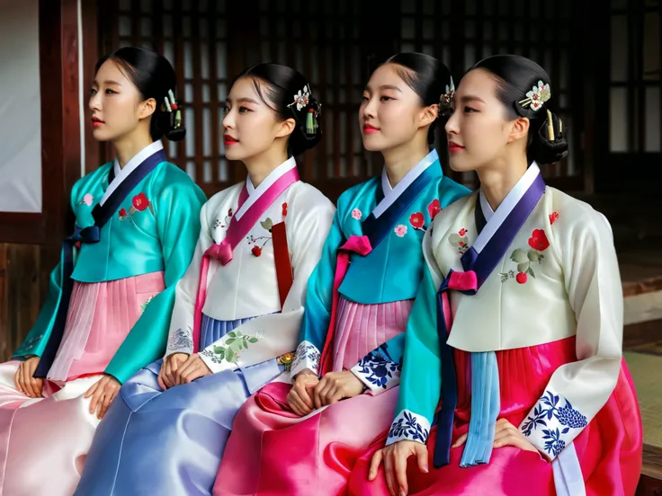 4 Korean men are wearing hanbok for women, all hanbok with the same design , they are all female men , they all have big breasts like women , they all have masculine faces and hairstyles , pink and white hanbok , luxury hanbok made of silk , Short h...