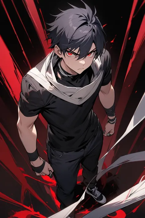 Male Teenager ,solo, black shirt with high collar,, black undershirt, black jean pants, black sneakers, black and dark blue navy hair, bandage wrap around neck, red eyes, standing, serious look, masterpiece, best quality, black wrist bands, silvers rings f...