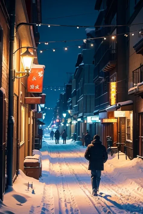 A scene where a 、 man is walking in the city on a cold night 。 The warm light of the street lamp is reflected in the snow 、 the footprints of the snow are visually eye-catching。