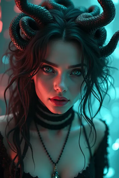 ( highres icon,  masterpiece :1.2),(realistic:1.37),( best quality,  highres icon,  costume, realistic),  mesmerizing cyberpunk dark fantasy ,  Medusa in all her sinister beauty ,  with six gracefully intertwined serpent arms . (Her radiant eyes :1.6), hyp...