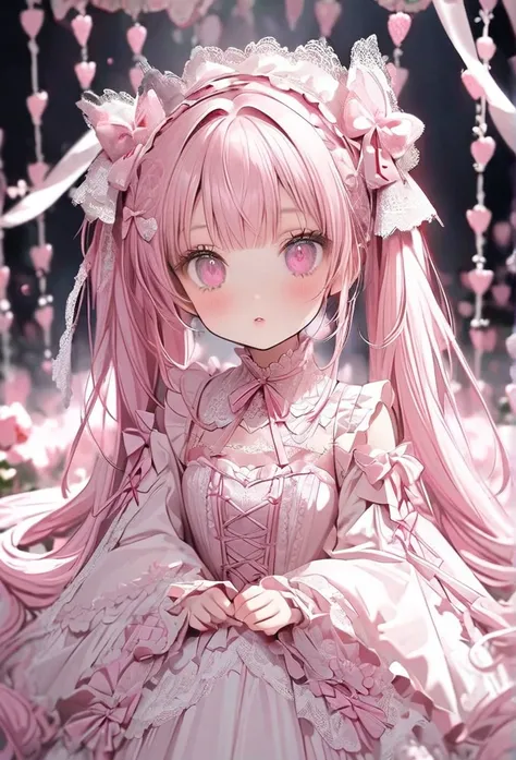 A beautiful girl with long 薄紫 hair, twin tails and a ribbon on her head. She is wearing a pink　and　white gothic lolita outfit with lots of lace . Cute and beautiful.have Strawberry