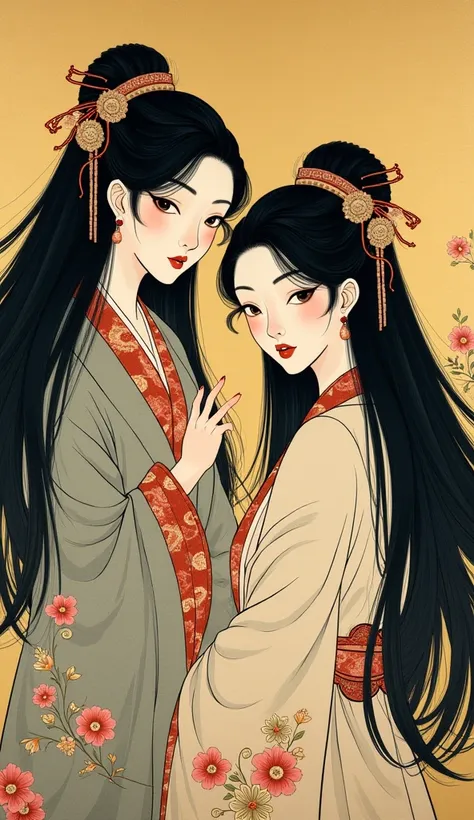  Japanese painting by Katsushika Hokusai。Beautiful ancient Japanese goddesses。 looking at camera。 long black hair。plain gold background 