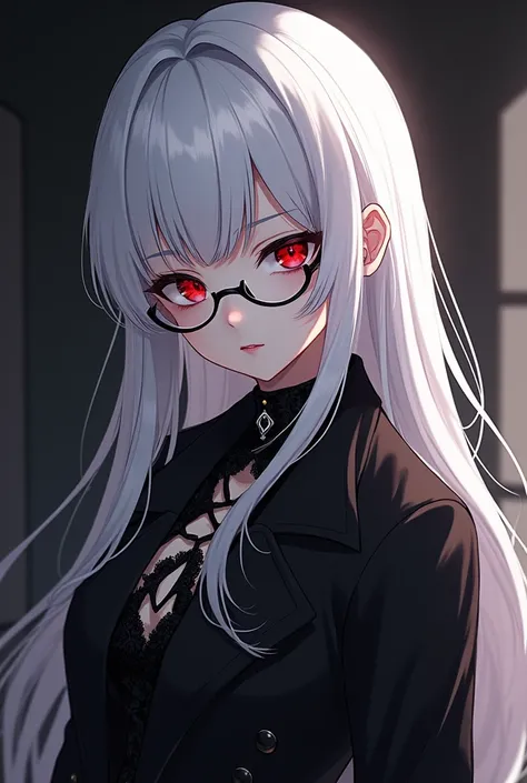 Closest anime-style image, gothic culture, vampires, long white hair, black coat clothes, for profile picture, serious-looking, lolita style,  red eyes, with glasses.