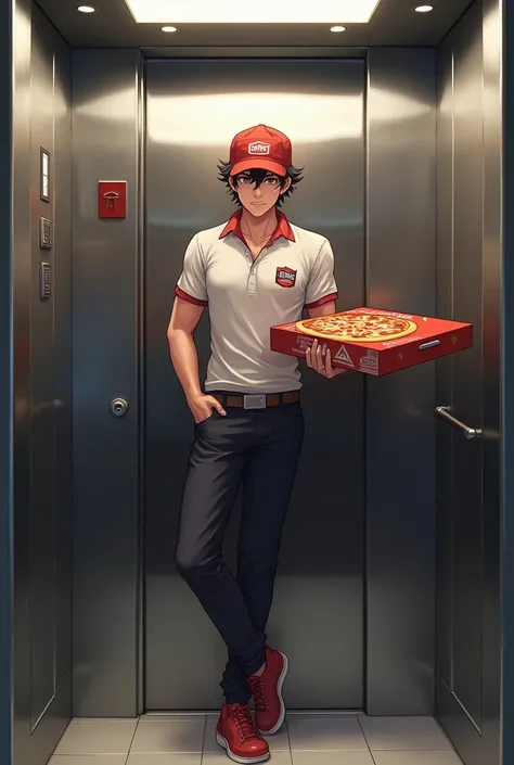 Handsome anime pizza guy on elevator 
