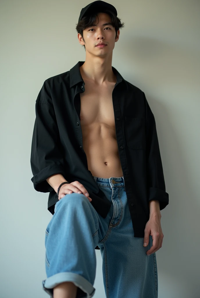 "A Korean handsome and tall 23years old man, white skin, not skinny, is being photographed with his foot on a skateboard, wearing baggy blue jeans and a black shirt, and black plain cap, in a realistic, showing the foot and chest body angle only, showing t...