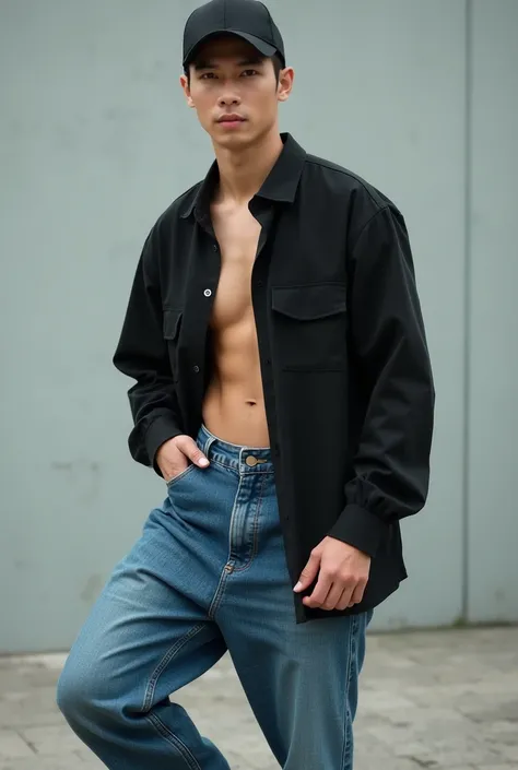 "A Korean handsome and tall 23years old man, white skin, not skinny, is being photographed with his foot on a skateboard, wearing baggy blue jeans and a black shirt, and black plain cap, in a realistic, showing the foot and chest body angle only, showing t...