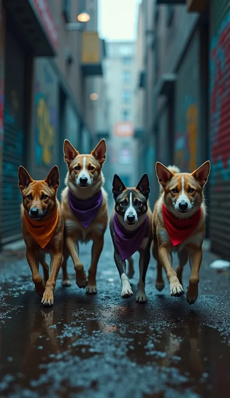 Create a hyper-realistic image of four ninja dogs of different breeds in a dark, gritty alley, inspired by the Ninja Turtles. One dog wears an orange bandana, another has a purple bandana, the third sports a red bandana, and the last wears a blue bandana. ...