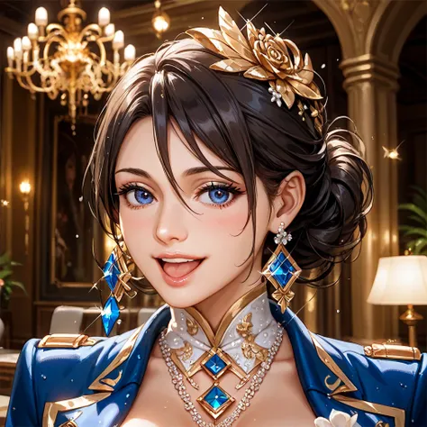 (( top quality)), ((masterpiece)), ( Details), （ perfect face）、The woman who went from being a concubine in Harlem to becoming a regular wife is a dark-haired Mikasa Ackerman in a luxurious room, wears gorgeous jewelry accessories, looks like a Chinese wom...